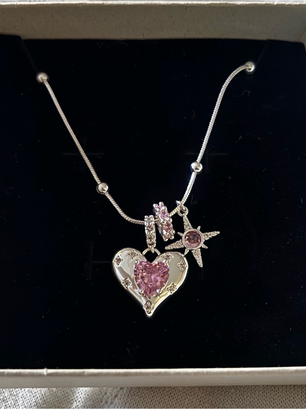 14K Plated Silver Necklace with Pink Heart & Star Charms